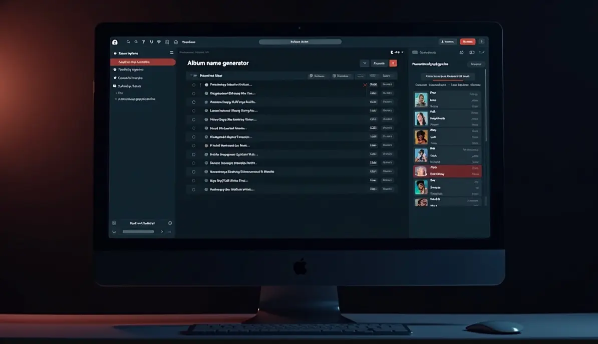 Album name generator showing AI-generated album titles from songs, lyrics, themes, genres, and moods.