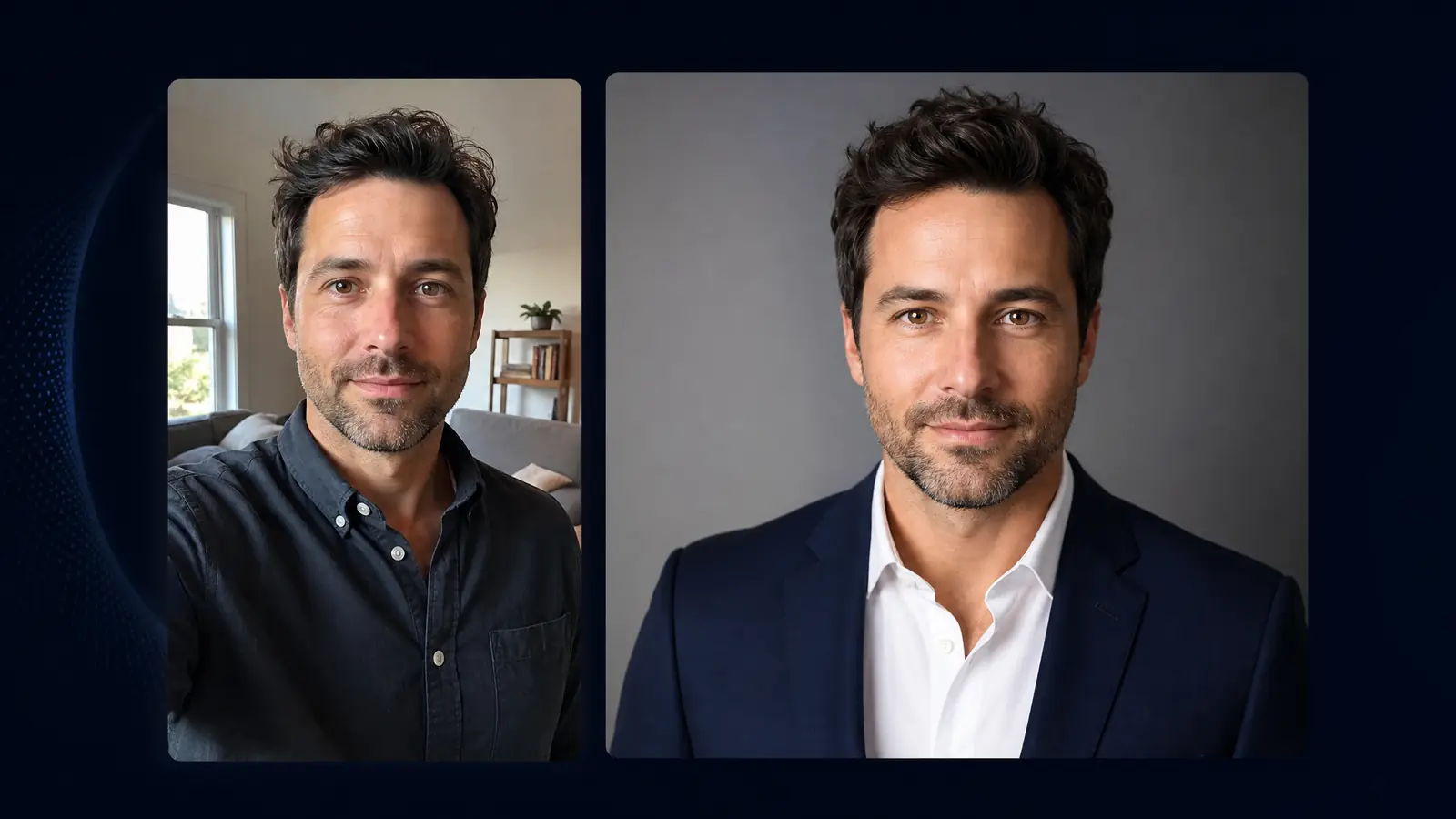 Before-and-after studio portraits from the AI headshot generator