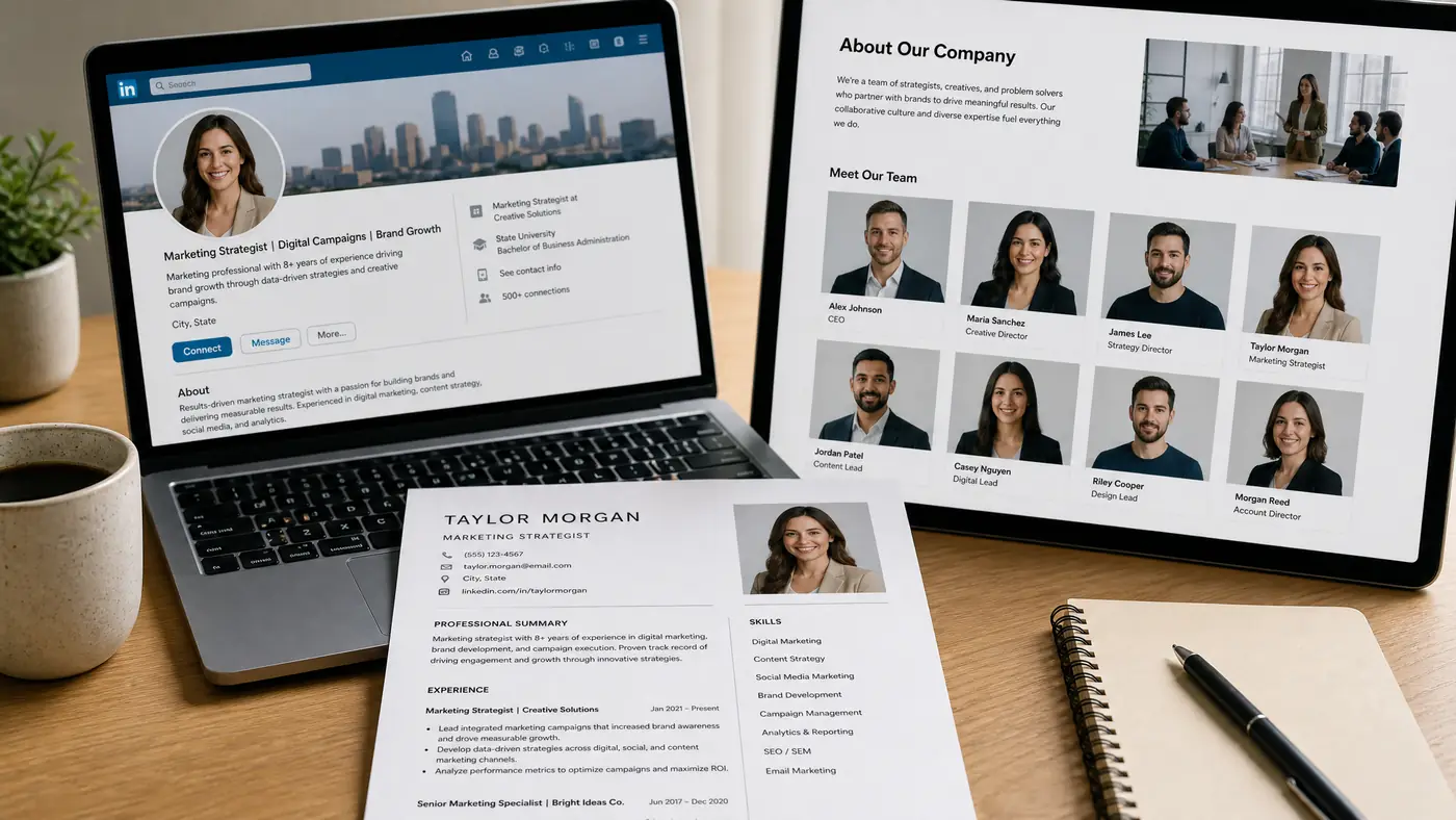People using studio AI headshots on LinkedIn, resumes, and team pages