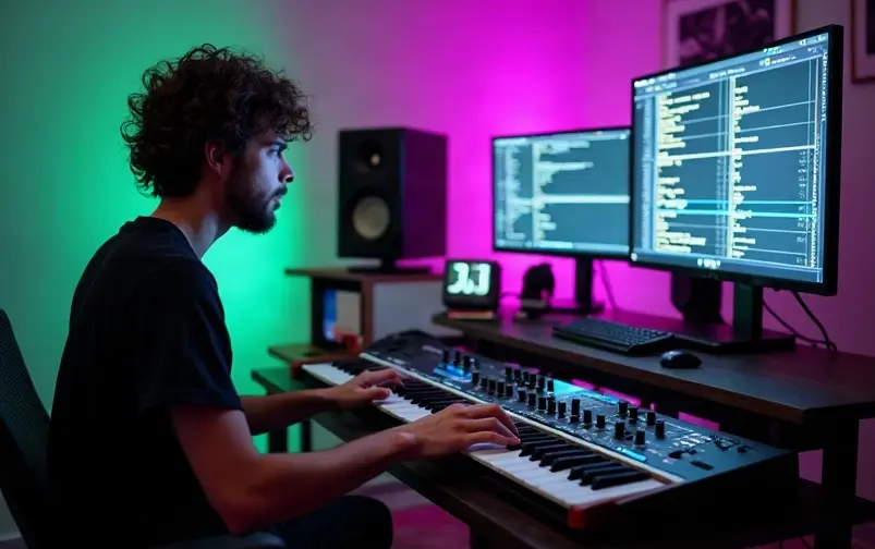 Music producer working on a loop before using an AI music extender