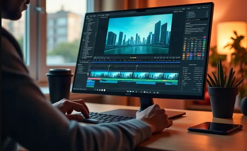 Video creator using an AI music extender to fit background music to a full edit