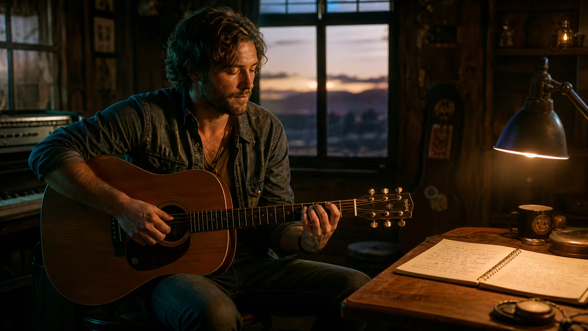 Acoustic songwriter with guitar writing country folk lyrics