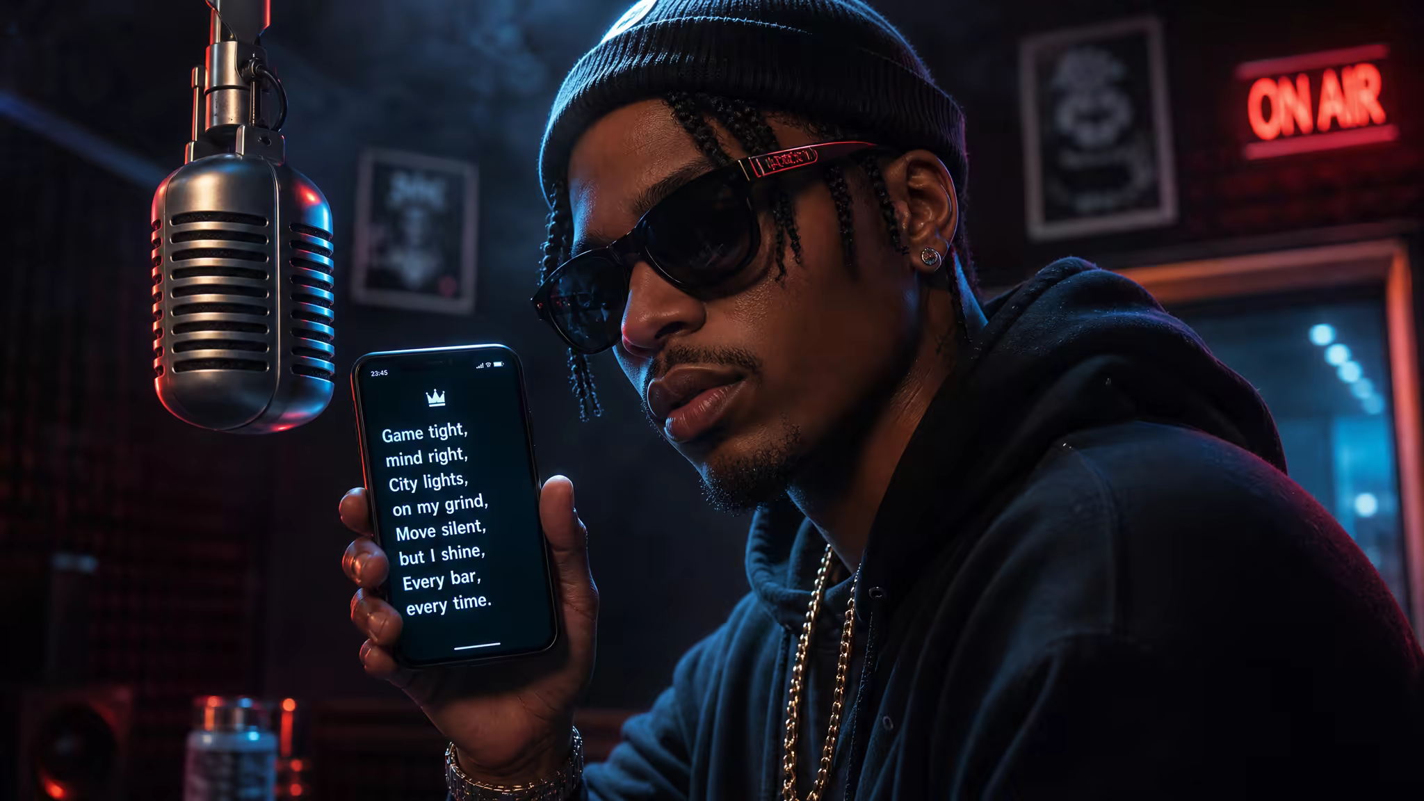 Rapper performing with AI-generated hip hop lyrics and punchlines