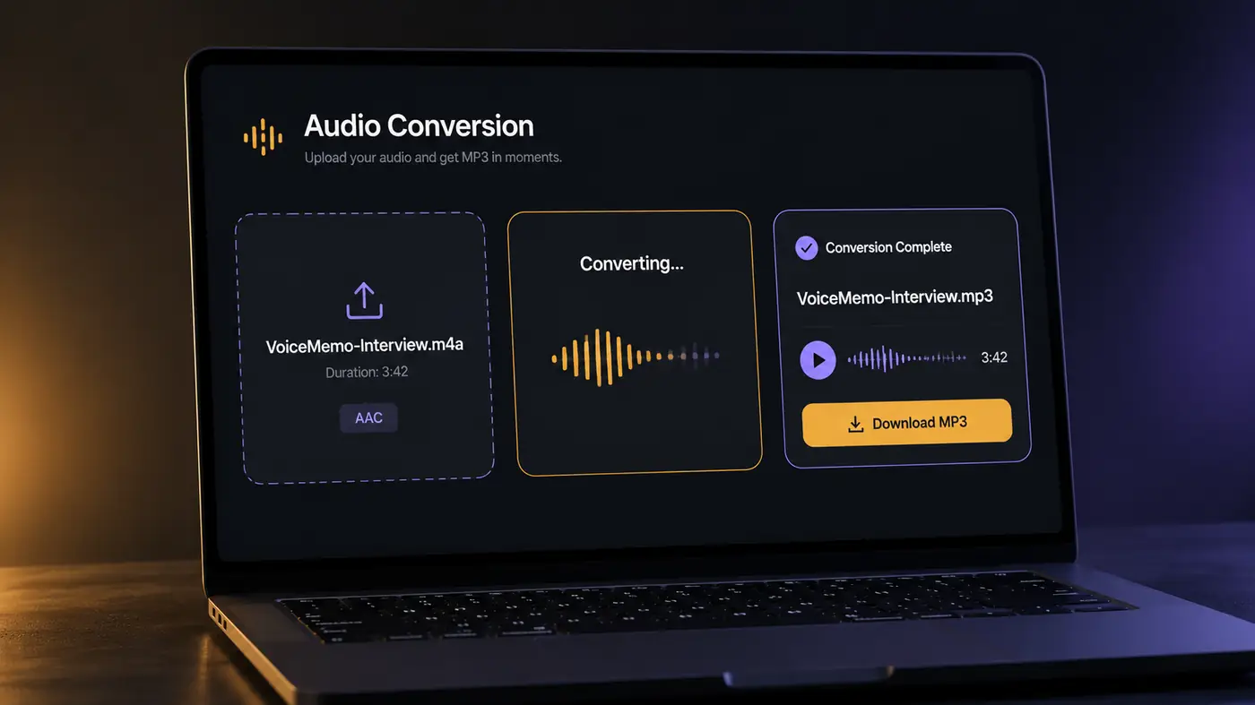 Online M4A to MP3 converter showing an uploaded file and an MP3 preview