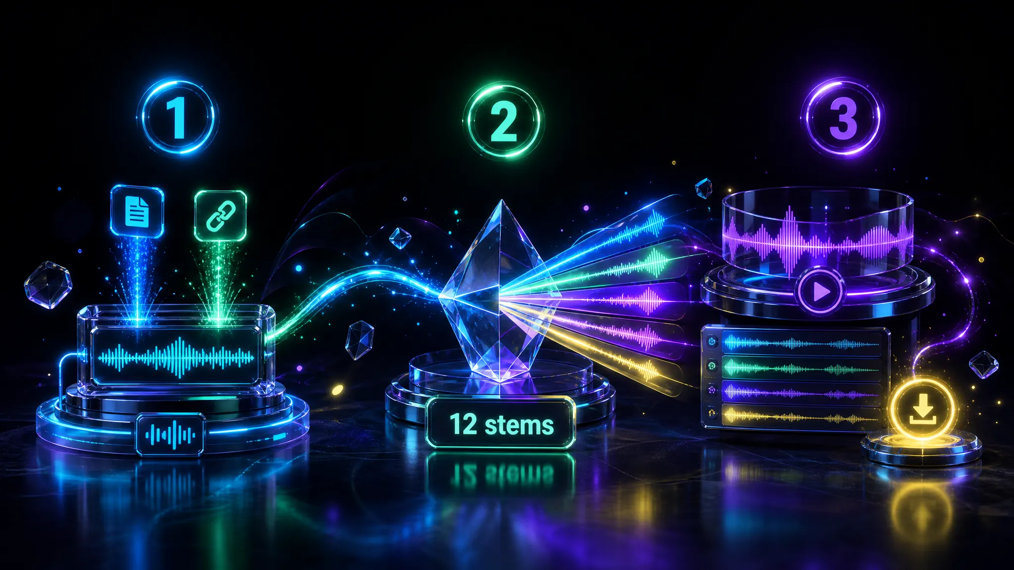 Three frosted-glass Stem Splitter stages left to right: 1 Add your audio via MP3/WAV or URL into a source waveform, 2 Start Stem Splitter with a mixed song fanning into stem tracks plus a Splitting and 12 stems badge, 3 Preview and download Vocals and Drums stem cards