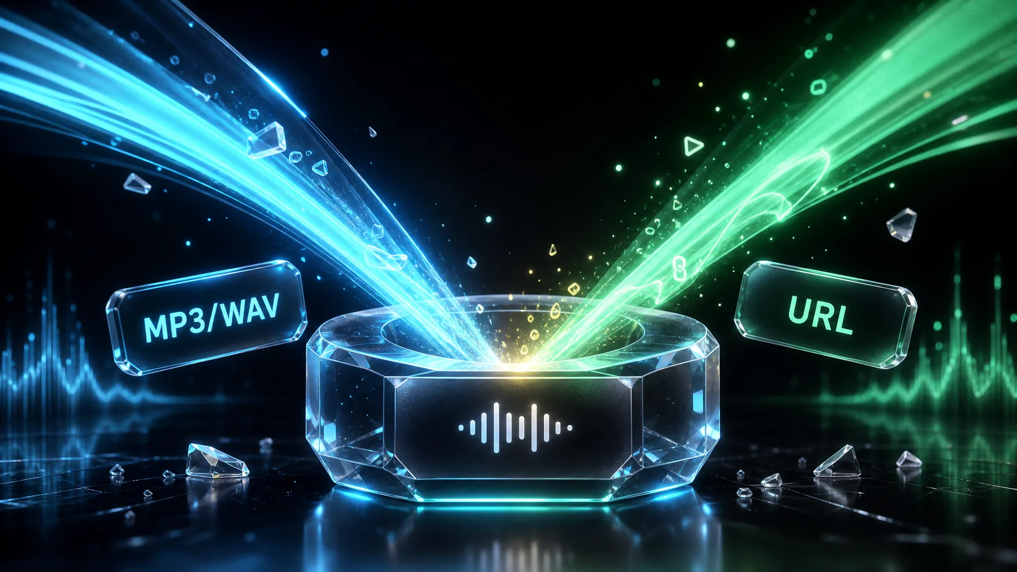 Crystal audio hub receiving cyan MP3/WAV and mint URL energy beams with particle sparks