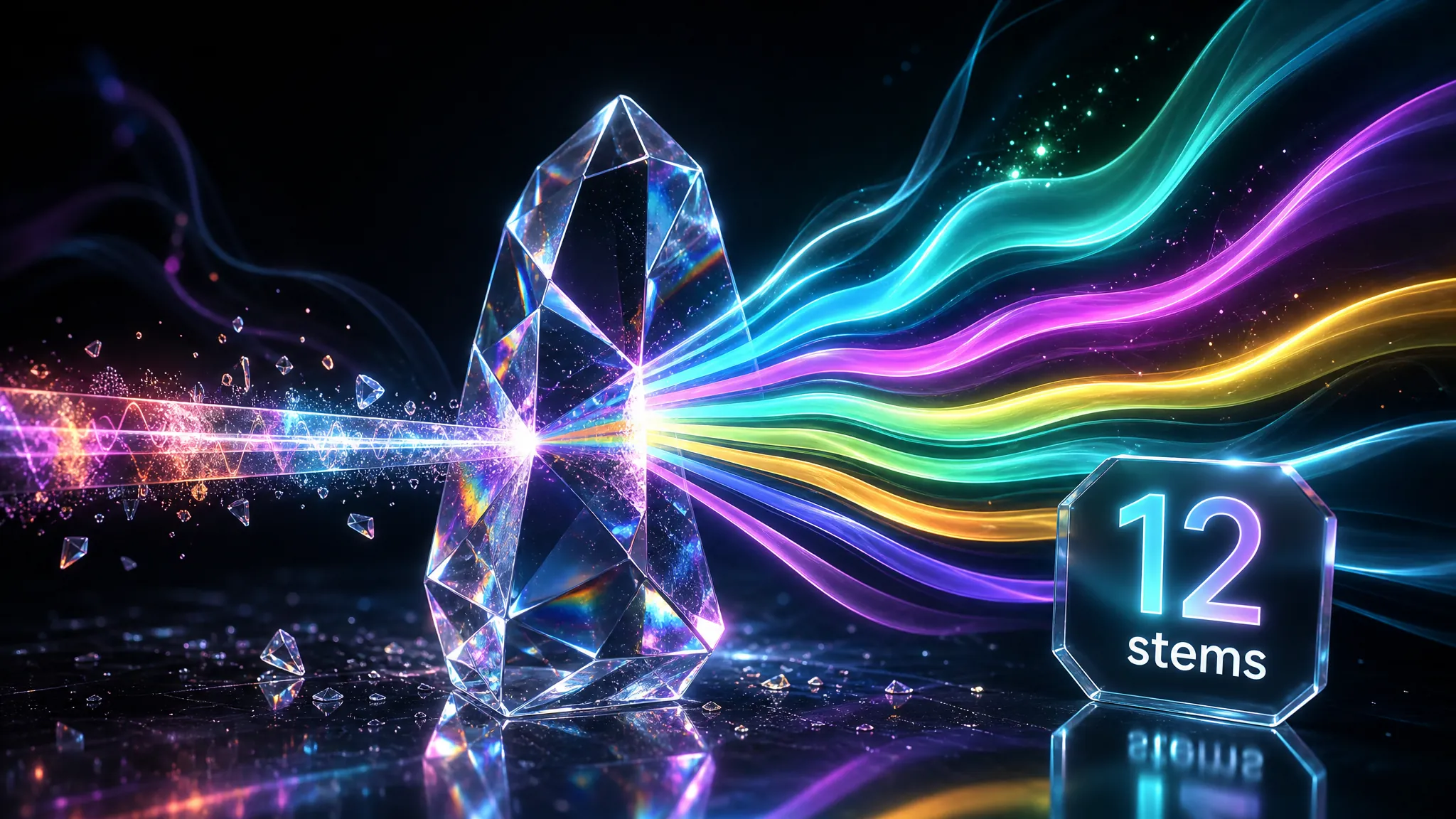 AI optical prism dispersing a mixed audio beam into bold anonymous luminous stem ribbons with a 12 stems badge