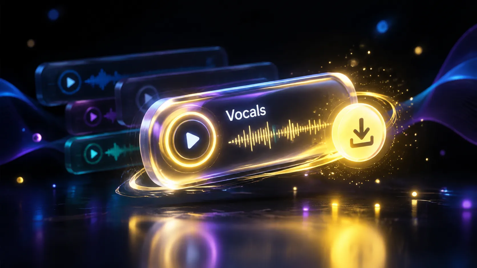 Highlighted Vocals stem with play control and lemon download badge above dim anonymous track bars