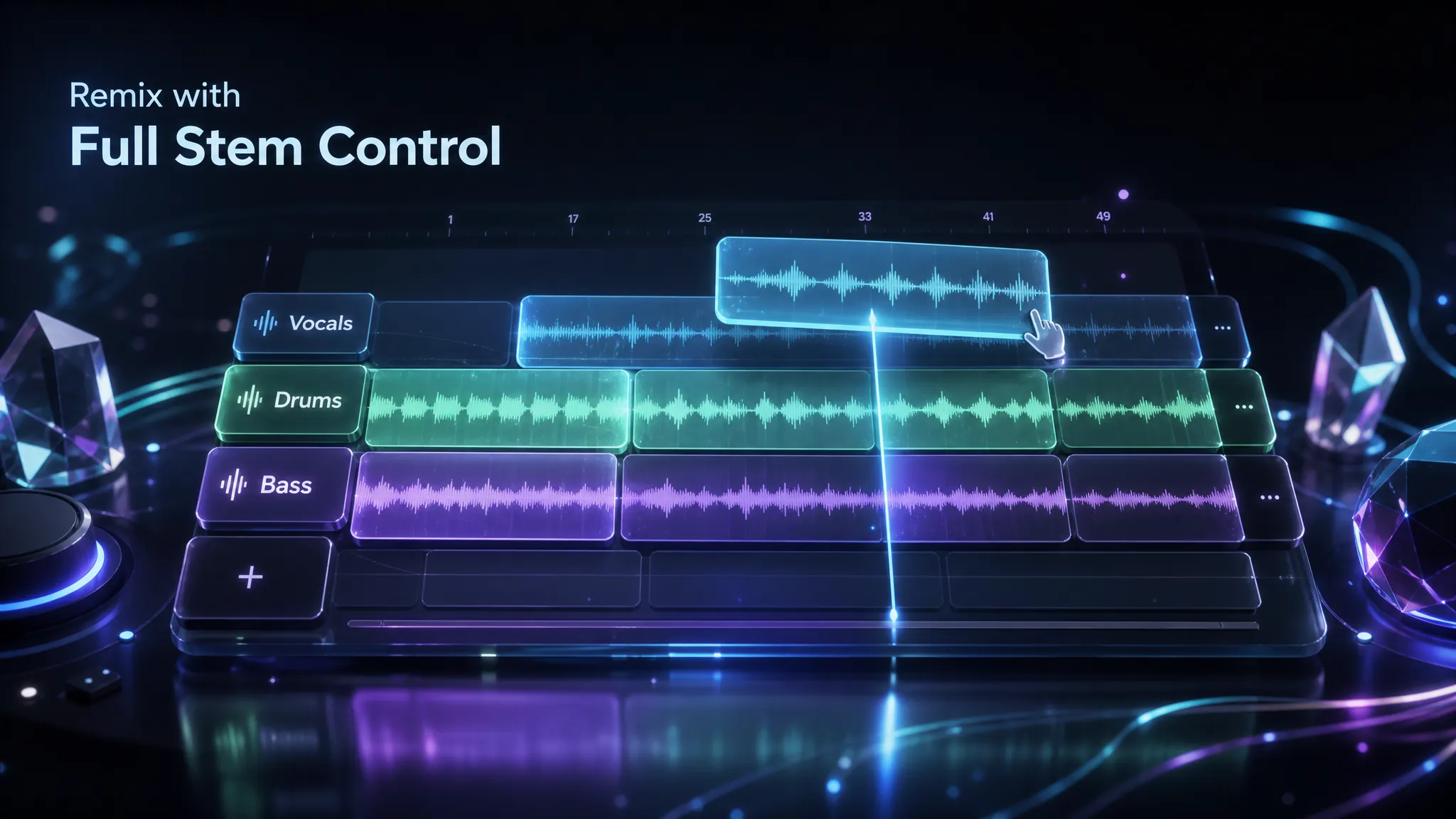 Producer remix timeline with Vocals Drums and Bass stem lanes for full stem control