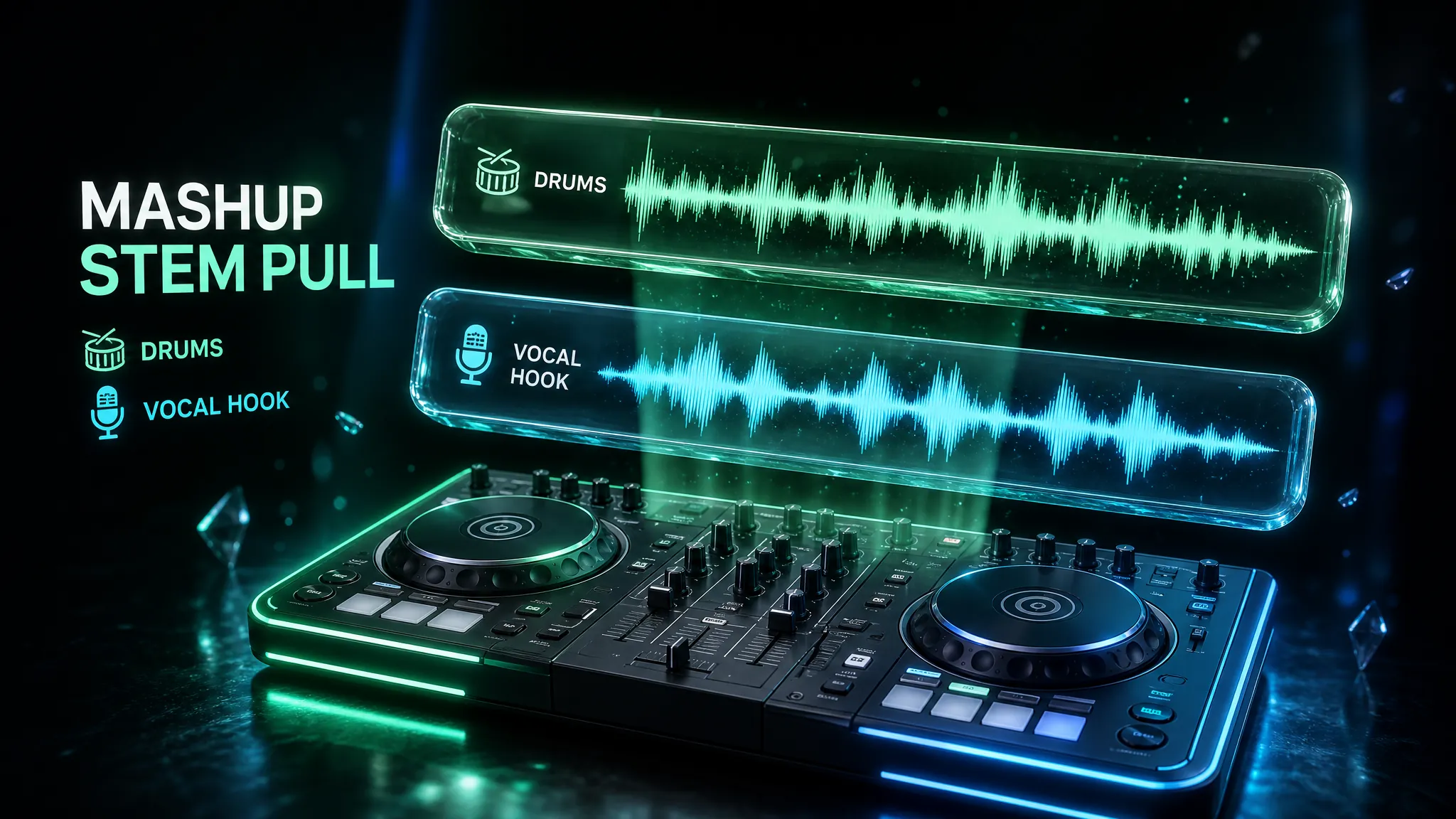 DJ controller with floating drums and vocal hook stem waveforms for mashups