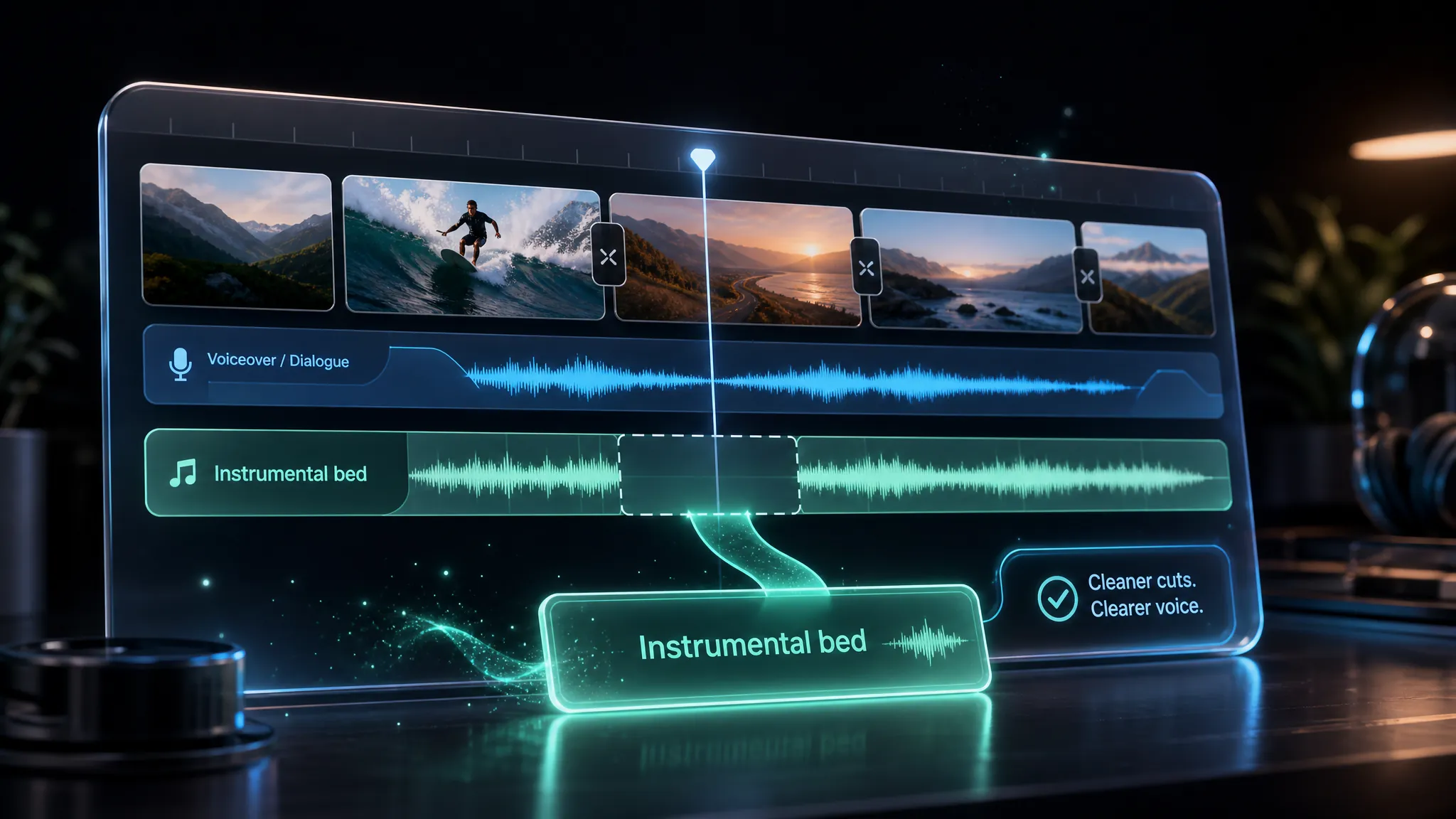 Video editor timeline with voiceover lane over a quieter instrumental bed stem