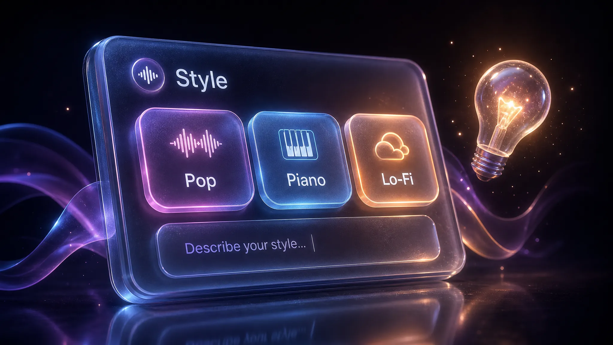 Панель тегов Pop Acoustic Jazz Piano с редактируемым текстом стиля над волной аккомпанемента