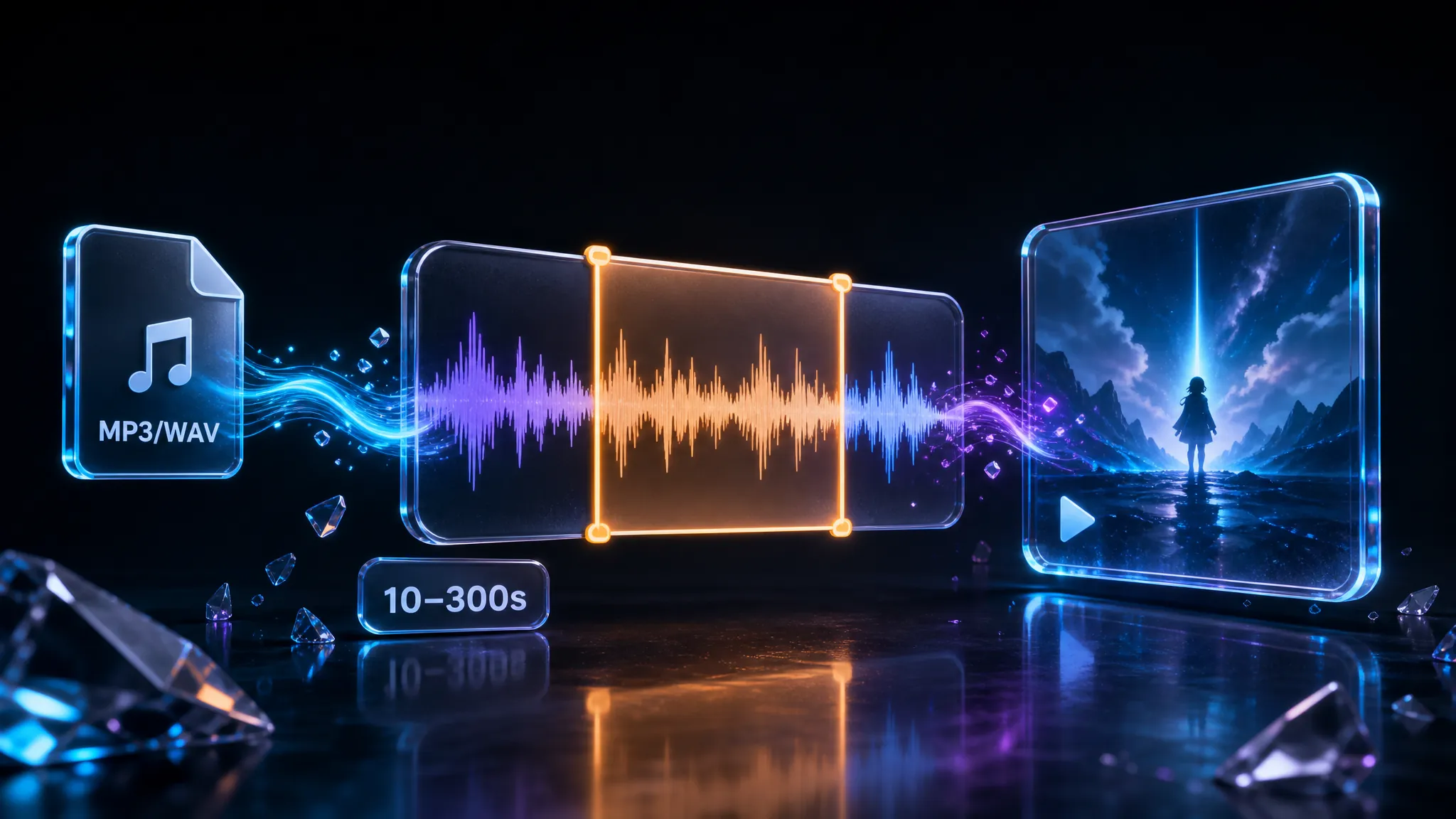 Кристальное окно обрезки волны превращает MP3-фрагмент в кадр AI-музыкального видео