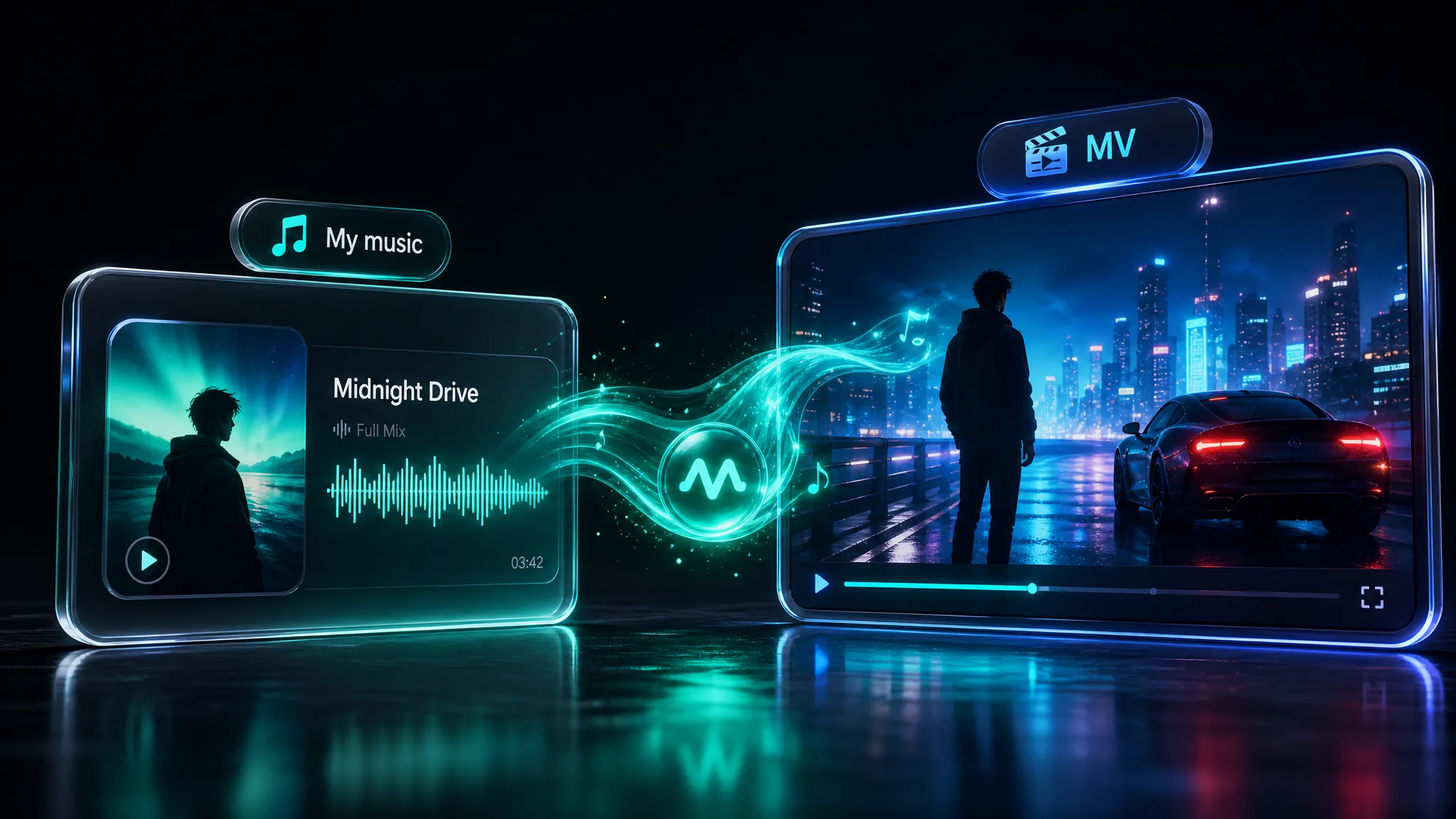 3D-концепт карточки трека My Music, переходящей в подходящее музыкальное видео