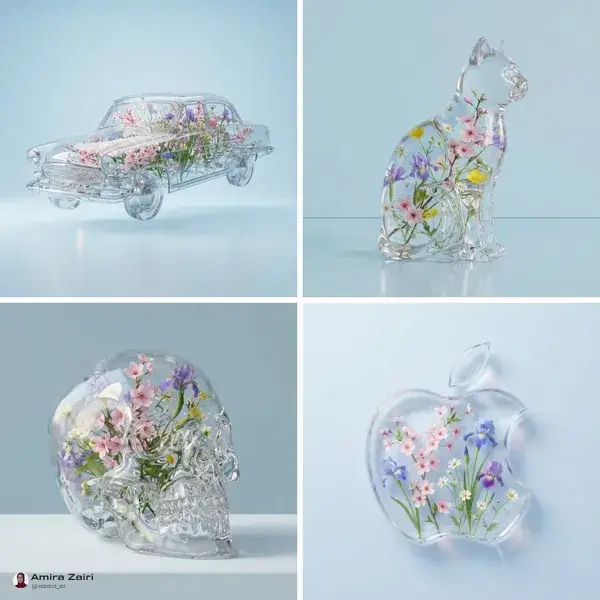 A transparent vessel filled with delicate flowers.