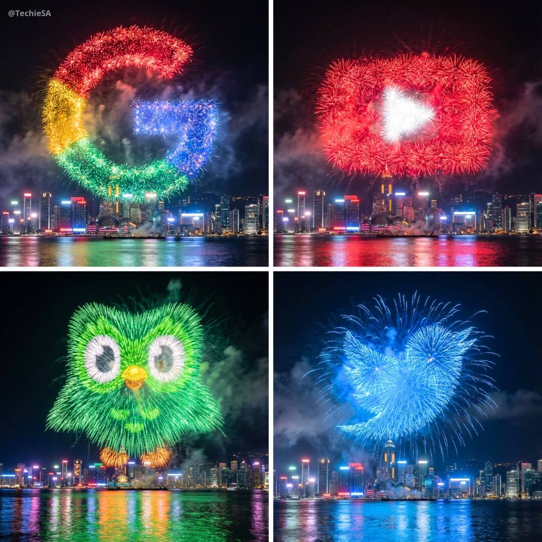 Logo-Shaped Fireworks Over a Waterfront City