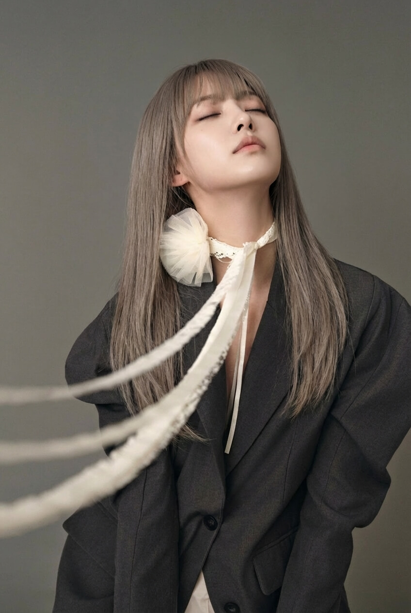 Muted Editorial Portrait with Flowing Ribbon