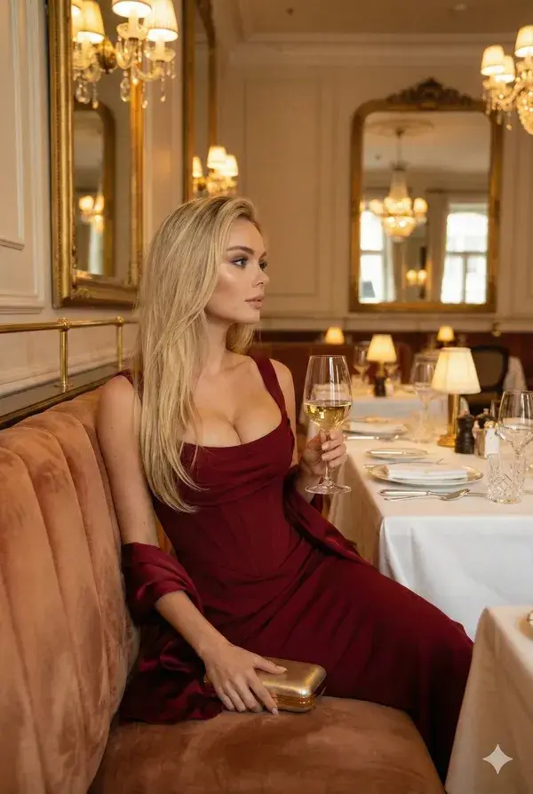 Girl in a Deep Red Dress Holding White Wine