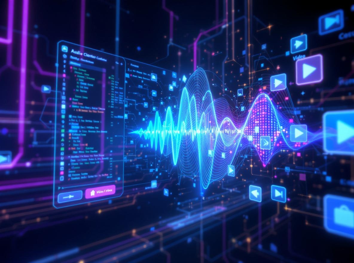 Animation of an AI music video generator turning an audio file into a video.